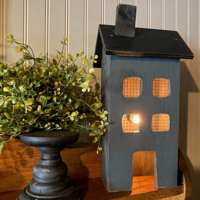 Wooden Saltbox Light Up House - Medium in Distressed Blue - Primitive Star Quilt Shop