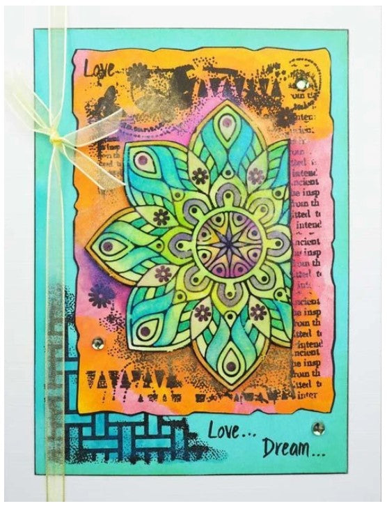 Woodware - Clear Singles Stamp - Ancient Mandala. A beautiful design that is so much fun to colour by hand. Size: 6.75x 5.5 inches. Available at Embellish Away located in Bowmanville Ontario Canada.