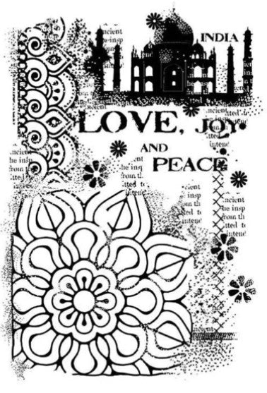 Woodware - Clear Singles Stamp - Indian Treasures. One stamp that incorporates several different images including a large mandala. A great grungy piece. Size: 3.75x5.5 inches. Available at Embellish Away located in Bowmanville Ontario Canada.