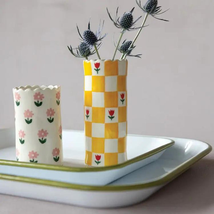 Hazel Mazel Yellow Checker Floral Vase 2.5"D x 5.75"H - Vases Merchandise